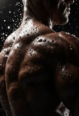 Powerful Male Back Muscles with Water Drops in Dynamic Lighting