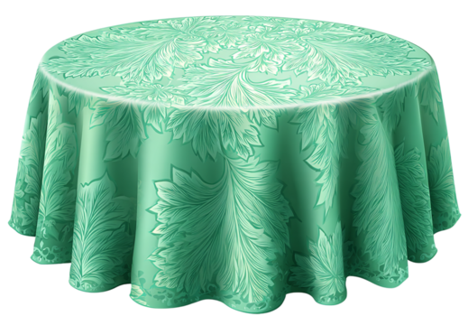 Round table covered with a green floral tablecloth isolated on transparent background isolated on a transparent background