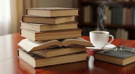 Stacked books, coffee, and glasses create an atmosphere for reading