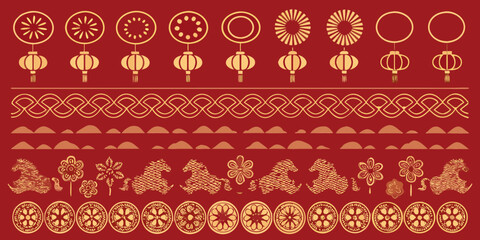 Collection of traditional chinese decorative elements including lanterns horses flowers and geometric patterns on red background