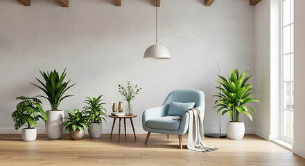 Interior of cozy living room with armchair, plants, and wooden floor modern home decor with comfortable seating and natural light minimalist design with a touch of nature, creating a relaxing atmosphe