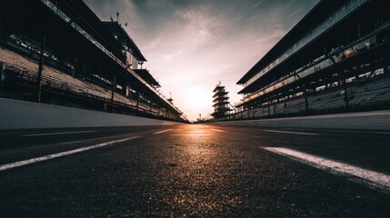 Fototapeta premium Dramatic Low Angle View of an Empty Racetrack at Sunset with Buildings in Background