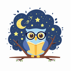 Wise owl reading under starry night sky, perfect for education, bedtime stories, and learning