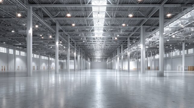 Vast Empty Warehouse Interior with High Ceilings and Polished Concrete Floor, Ideal for Logistics and Manufacturing