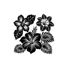 Black and white hibiscus flower illustration with tropical leaves for background designs