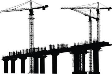 Construction cranes on building site, black silhouette, industrial design, urban development, large structure with construction workers, steel framework, architecture