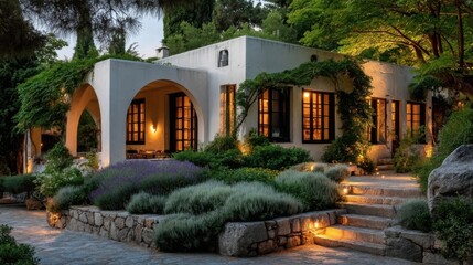 Obraz premium A well maintained residential backyard with edible flora lining the perimeters,