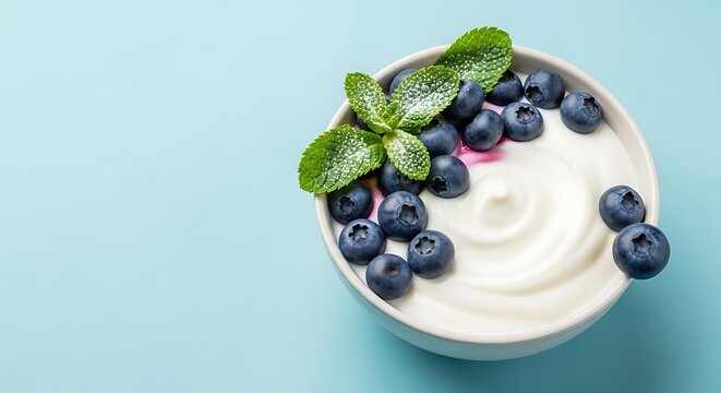 Yogurt Bowl with Blueberries and Mint Leaves.
