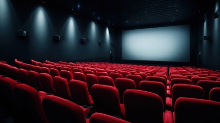 Fototapeta premium Empty Movie Theater with Red Seats and Blank Screen ready for cinema entertainment