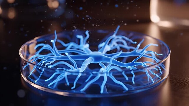 Abstract Blue Neuron Cell Structure in Petri Dish, Representing Neuroscience Research and Brain