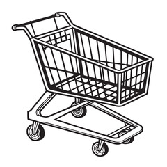 A black and white illustration of a shopping cart, isolated on white background
