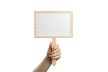 Human hand holding white empty board isolated on transparent background