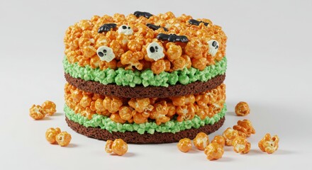 Halloween eerie-themed popcorn cake with glowing layers on a clean background for a spooky celebration