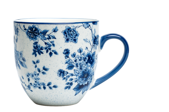 Elegant white ceramic mug with blue floral pattern isolated on transparent background isolated on a transparent background