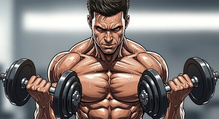 Muscular Man Lifting Dumbbells in Gym Cartoon Illustration.