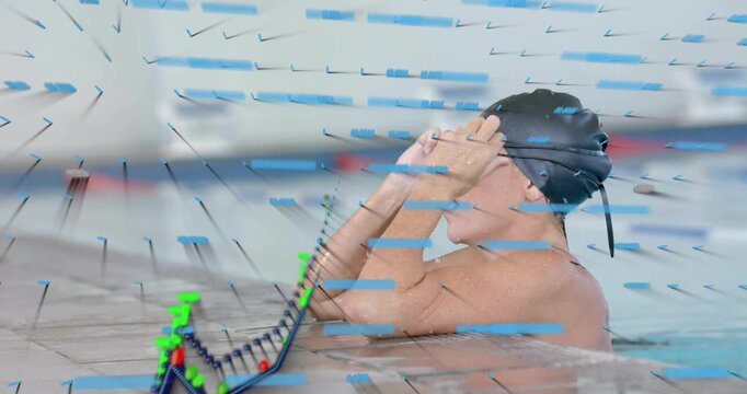 Female competitive swimmer raising arm and adjusting goggles as vector graph analyzing lane rope