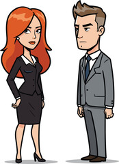 Business man and woman standing, formal attire, serious expressions, professional conversation, isolated characters, office meeting concept, corporate communication, workplace illustration.