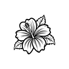 Monochrome drawing of a hibiscus flower with leaves in line art