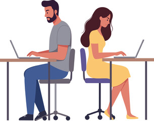 Man and woman working on laptops, back to back in office, remote work concept, digital workspace, modern communication, tech-driven workplace.