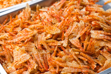 Closeup of dried shrimp in open display