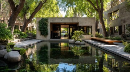 Obraz premium A grand stone building with large windows blends into a dense forest setting,