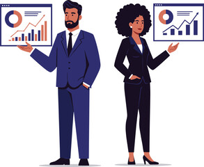 Business professionals presenting data charts, growth analytics, corporate presentation, teamwork strategy, office performance report, flat vector illustration, CAD drawing, financial success concept.