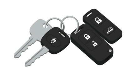 Car keys isolated on white background a set of modern car keys with remote control, featuring lock, unlock, and trunk buttons, for vehicle security and access