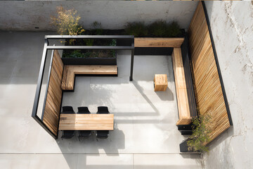 Top view courtyard layout plan with bamboo fence and furniture arrangement ideas, architectural plan, zoning