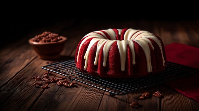 Elegant red velvet cream cheese swirl bundt cake with velvety glaze and pecans