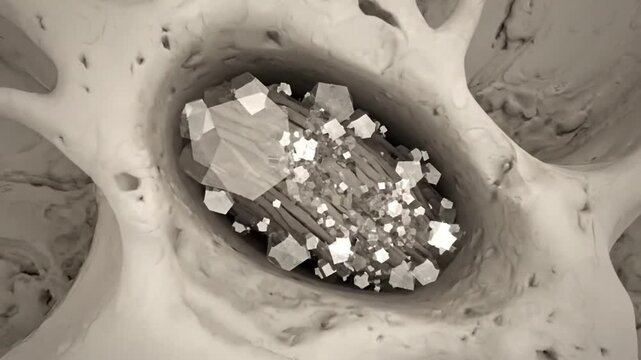 A microscopic view of otoconia or otolith crystals in the inner ear, a concept related to balance disorders and vertigo (BPPV).