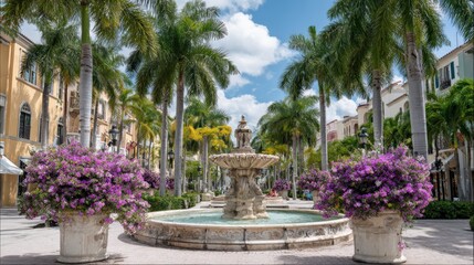Fototapeta premium Charming European-Style Shopping Street with Fountain, Palm Trees, and Blooming Flowers on a Sunny Day