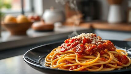 Close-up of delicious spaghetti with rich tomato sauce, steam rising from the plate.