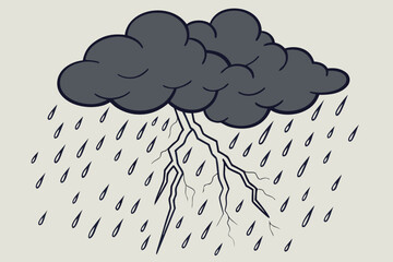 Vector art of a dark storm cloud unleashes a torrent of rain and a jagged bolt of lightning, symbolizing the power and drama of a thunderstorm