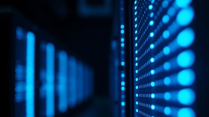 Close-up of glowing blue server rack lights creating an abstract technological pattern on a dark background.
