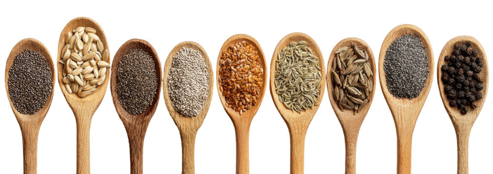 Wooden spoons filled with various spices and seeds (1)