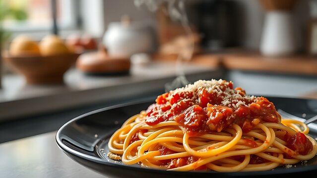 Close-up of delicious spaghetti with rich tomato sauce, steam rising from the plate.