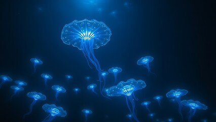 Obraz premium Strange and beautiful bioluminescent lifeforms emerging from the inky darkness of the deep ocean.