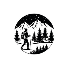 Monochrome Silhouette of a Hiker in Mountainous Landscape with Pine Trees