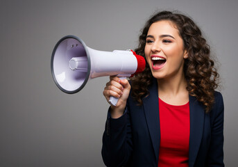 Energetic woman announces important news with a megaphone, projecting confidence and enthusiasm in a professional setting.