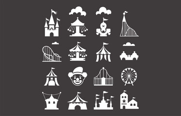 White silhouette carnival icons, circus tents, amusement park rides, Ferris wheel, roller coaster, castle, clown face, funfair illustration set for vector design, logo, decoration