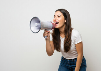 Excited young woman with megaphone announcing important news with vibrant energy