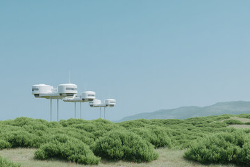 futuristic landscape featuring drones and robots seamlessly integrated into natural environment