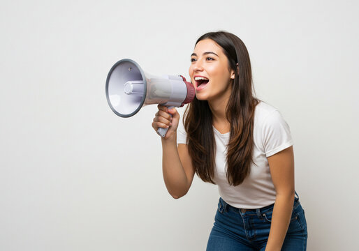 Excited young woman with megaphone announcing important news with vibrant energy