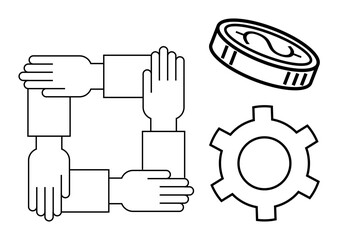 Four hands linked forming a square, coin with dollar sign, cogwheel symbolizing teamwork, finance, partnership, productivity, innovation, collaboration, business success and simple landing page