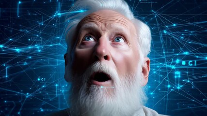 Senior man with white beard looks upward into complex blue digital network background, representing technological imagination and futuristic connection - Powered by Adobe