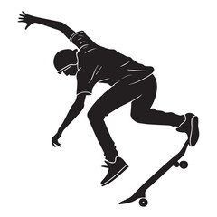 Silhouette of a skateboarder performing a trick, isolated on white background