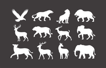 Wild animal silhouette vector set with eagle, lion, bear, wolf, deer, elk, moose, elephant for wildlife and forest design