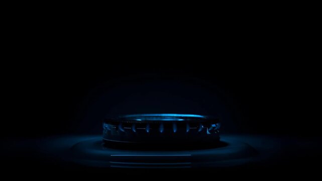 Extreme close-up revealing intricate gas burner flame pattern with vivid blue and purple color spectrum against dark background. Precise macro photography capturing thermal intensity.