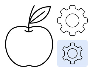 Minimal apple outline paired with gear symbols in black and blue. Ideal for innovation, automation, healthy living, technology, productivity, food industry, simple landing page