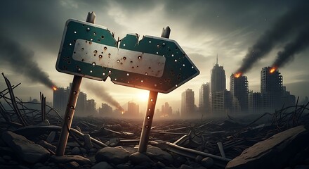 Post Apocalyptic Cityscape Ruined Buildings Destruction.